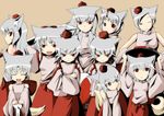  alternate_hairstyle animal_ears bone clone crossed_arms detached_sleeves hat highres inubashiri_momiji long_hair multiple_girls multiple_persona older red_eyes shield short_hair silver_hair sword tail tamakko tokin_hat touhou weapon wings wolf_ears wolf_tail younger 