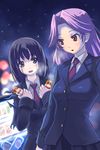  black_hair blue_eyes can highres kajiki_yumi kiyune multiple_girls necktie purple_hair red_eyes saki school_uniform touyoko_momoko tsuruga_school_uniform vending_machine winter 