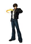  belt black_gloves brown_hair chain denim fingerless_gloves fire full_body gloves jacket jeans kusanagi_kyou leather leather_jacket looking_at_viewer male_focus official_art ogura_eisuke pants pyrokinesis simple_background solo standing the_king_of_fighters the_king_of_fighters_xiii white_background 