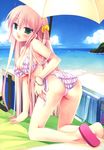  ass beach bent_over bikini blush breasts day frills green_eyes highres jpeg_artifacts koibito_doushi_de_suru_koto_zenbu large_breasts long_hair miyasu_risa pink_hair sandals side-tie_bikini solo sonoo_koo swimsuit umbrella underboob 