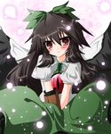  bad_id bad_pixiv_id black_hair blush bow cape green_bow hair_bow long_hair red_eyes reiuji_utsuho solo tetsu_tissue touhou wings 