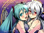  ahoge android blush caffein cigarette green_eyes green_hair green_nails hatsune_miku honne_dell hug long_hair multiple_girls nail_polish purple_nails red_eyes robot_joints silver_hair twintails vocaloid voyakiloid yowane_haku 