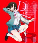  black_hair blood bob_cut breasts durarara!! glasses heart highres large_breasts pleated_skirt red_eyes school_uniform short_hair skirt solo sonohara_anri sunna sword torn_clothes weapon 