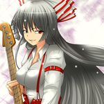  bass_guitar faker_(feketerigo) fujiwara_no_mokou grey_hair hair_ribbon instrument red_eyes ribbon solo suspenders touhou 