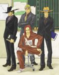  alternate_costume black_hair blonde_hair book chalkboard cocotri contemporary dracule_mihawk hat highres male_focus multiple_boys one_piece paulie portgas_d_ace red_hair scar shanks sitting standing sunglasses teacher track_suit 