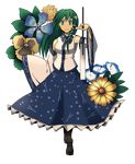  aroha_j breasts detached_sleeves flower frog full_body gohei green_eyes green_hair hair_ornament highres kochiya_sanae long_hair medium_breasts smile snake solo touhou transparent_background 