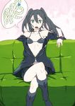  bare_shoulders bikini_top black_hair black_rock_shooter black_rock_shooter_(character) blue_eyes boots couch crossed_legs hrd long_hair pale_skin sitting solo zipper 