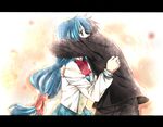  1girl bad_id bad_pixiv_id blue_hair bow brown_eyes chidori_kaname couple full_metal_panic! hair_bow hetero highres hug jindai_high_school_uniform letterboxed long_hair low-tied_long_hair ponytail sagara_sousuke school_uniform sennen_suisei tears very_long_hair 