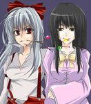  bad_id bad_pixiv_id branch fujiwara_no_mokou hair_ribbon houraisan_kaguya ifuji_sakura lowres mouth_hold multiple_girls ribbon tongue touhou 