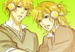  aqua_eyes bad_id bad_pixiv_id blonde_hair dual_persona headphones kagamine_len male_focus multiple_boys older vocaloid youneko 