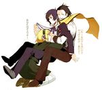  2boys aegis_(persona) android bad_id bad_pixiv_id blonde_hair brown_hair digital_media_player headphones hug hug_from_behind mochizuki_ryouji multiple_boys persona persona_3 scarf school_uniform yubari yuuki_makoto 