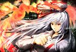  bad_hands bad_id bad_pixiv_id bird bow error fire fujiwara_no_mokou hair_bow hara_tamakita phoenix red_eyes solo suspenders touhou white_hair 