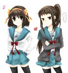  bad_id bad_pixiv_id breast_envy brown_eyes brown_hair cardigan crossed_arms directional_arrow genderswap genderswap_(mtf) hair_ribbon hairband kyonko long_hair looking_at_breasts multiple_girls orange_hairband ponytail ribbon simple_background suzuka_(rose_coffee) suzumiya_haruhi suzumiya_haruhi_no_yuuutsu thighhighs white_background zettai_ryouiki 