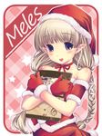  blonde_hair blush braid brown_eyes christmas gloves hat mabinogi meles pointy_ears red_gloves santa_costume santa_hat sisco solo twin_braids 