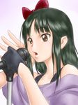  ^jj^ akiyama_mio black_hair brown_eyes fingerless_gloves gloves k-on! listen!! long_hair microphone microphone_stand solo 