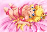  arched_back arched_soles armpits bed blonde_hair blue_eyes blush breasts commentary covered_nipples crown earrings english_commentary jewelry large_breasts lipstick long_hair lying makeup mario_(series) naked_ribbon on_back princess_peach ribbon sigurd_hosenfeld smile solo super_mario_bros. toe-point very_long_hair 