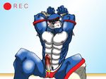  abs anthro biceps big_muscles black_eyes black_nose blue_fur bound boxers canine digimon fur looking_at_viewer machgaogamon male mammal muscles poking_out recording shinobiya sitting solo underwear were werewolf wolf 