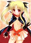  bad_id bad_pixiv_id belt blonde_hair blush bow breasts buckle cape fate_testarossa fingerless_gloves gloves hair_bow long_hair lyrical_nanoha mahou_shoujo_lyrical_nanoha medium_breasts navel nipples no_panties pussy red_eyes skirt solo takamura_kazuki topless twintails 