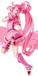  1girl aino_hikaru_(0417nao) boots bow cure_prism_(0417nao) frills full_body hair_bow hairband knee_boots long_hair looking_back magical_girl original pink_bow pink_eyes pink_footwear pink_hair pink_skirt ponytail precure sidelocks skirt solo very_long_hair 