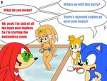  blue_body blue_eyes blue_hair breasts canine circlet cyan_eyes dialog echidna eyewear female fox green_eyes hair hedgehog knuckles_the_echidna knuckles_the_trendsetter male mammal miles_prower nipples plain_background purple_eyes pussy red_body red_hair sega shutter_shades sonic_(series) sonic_team sonic_the_hedgehog sunglasses tails text tikal_the_echidna white_background 