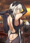  ass azur_lane bald_eagle bangs bar bare_shoulders bird black_dress black_gloves blurry blurry_background breasts dress eagle elbow_gloves enterprise_(azur_lane) from_behind gloves hands_on_head highres indoors large_breasts long_hair looking_at_viewer nanaya_(daaijianglin) o-ring open_mouth purple_eyes shoulder_blades silver_hair smile solo very_long_hair 