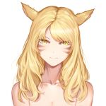  absurdres animal_ears bangs blonde_hair breasts cleavage collarbone facial_mark final_fantasy final_fantasy_xiv highres huijin_zhi_ling long_hair looking_at_viewer miqo'te portrait shiny shiny_hair simple_background slit_pupils small_breasts smile solo white_background yellow_eyes 
