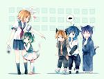  3boys aa_subarashiki_nyansei_(vocaloid) animal_ears bad_id bad_pixiv_id blonde_hair blue_eyes blue_hair blue_scarf cat_ears cat_tail child closed_eyes fangs finger_to_mouth fish food green_eyes green_hair gumi hair_ribbon hand_to_own_mouth heart japanese_clothes kagamine_len kagamine_rin kaito kamui_gakupo kemonomimi_mode kimono leg_hug multiple_boys multiple_girls neckerchief necktie ousaka_nozomi outstretched_arm pants ponytail purple_hair ribbon scarf school_uniform serafuku shirt short_hair skirt tail tears thighhighs vocaloid yawning yukata zettai_ryouiki 