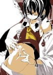  annoyed ascot bad_id bad_pixiv_id black_hair bow detached_sleeves groin hair_bow hair_tubes hakurei_reimu hands midriff navel peptide solo touching touhou upper_body 