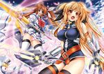  bardiche blonde_hair blue_eyes breasts energy_sword fate_testarossa hair_ribbon itachou large_breasts long_hair lyrical_nanoha magic_circle magical_girl mahou_shoujo_lyrical_nanoha_strikers multiple_girls raising_heart ribbon sword takamachi_nanoha thighhighs twintails weapon 