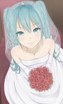  aqua_eyes aqua_hair bad_id bad_pixiv_id bare_shoulders bouquet dress elbow_gloves flower from_above gloves hatsune_miku heisei_yutorin jewelry lips long_hair looking_up necklace red_flower red_rose rose smile solo strapless strapless_dress veil vocaloid wedding_dress 