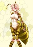 1girl bee bee_girl breasts insect insect_girl monster_girl nipples no_pupils nude pink_hair red_eyes smile topless 