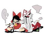  &gt;:( ashtray bad_id bad_pixiv_id black_hair bow cigarette detached_sleeves from_behind fujiwara_no_mokou hair_bow hair_tubes hakurei_reimu indian_style kiseru multiple_girls ofuda ofuda_on_clothes peptide pipe silver_hair sitting smoke smoking touhou 