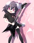  :d alternate_color alternate_costume animal_ears black_dress black_legwear bunny_ears dress electric_guitar guitar highres inaba_tewi instrument jackson_guitars looking_at_viewer niyadepa open_mouth red_eyes smile solo thighhighs touhou whammy_bar zoom_layer 