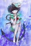  anchor barefoot black_hair bubble green_eyes hat murasa_minamitsu nayuko sailor sailor_collar_lift sailor_hat short_hair signature solo touhou traditional_media underwater watercolor_(medium) 