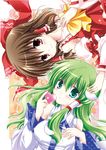  ascot blush bow brown_eyes brown_hair detached_sleeves green_eyes green_hair hair_bow hair_ornament hair_tubes hakurei_reimu heart kochiya_sanae multiple_girls smile touhou white-brown 