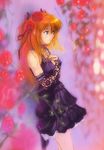  against_wall bare_shoulders black_dress blue_eyes bridal_gauntlets choker dress flower hair_flower hair_ornament hair_ribbon hands_on_own_chest highres jewelry kobayashi_yuuji lace long_hair necklace neon_genesis_evangelion orange_hair red_flower red_rose ribbon rose solo souryuu_asuka_langley 