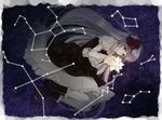  constellation dress eto_ichika flower hair_flower hair_ornament long_hair lying md5_mismatch on_side pixiv_automata purple_eyes silver_hair solo white_legwear 