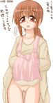  1girl apron blush brown_eyes brown_hair dress dress_lift housewife ikkyuu milf no_panties oekaki pussy simple_background solo thigh_gap translation_request uncensored 