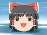  bangs black_eyes black_hair blue_background blush bow disembodied_head frilled_bow frills hair_bow hair_tubes hakurei_reimu head looking_at_viewer no_humans open_mouth shiny shiny_hair shirosato short_hair smile touhou v-shaped_eyebrows yukkuri_shiteitte_ne 