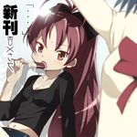  arm_up blush eating fang food hair_ribbon jacket jacket_removed jet_yowatari mahou_shoujo_madoka_magica midriff miki_sayaka multiple_girls navel open_mouth ponytail popsicle red_eyes red_hair ribbon sakura_kyouko translated 