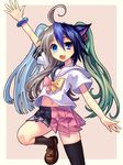  :3 ahoge animal_ears aqua_hair asymmetrical_clothes asymmetrical_hair blue_eyes blue_hair bow bracelet cat_ears chikokuma chimerism fang fusion futaba_channel grey_hair hair_ornament heterochromia jewelry lavender_hair long_hair moetron multicolored_hair original outstretched_arm outstretched_hand school_uniform serafuku skirt smile solo thighhighs twintails 