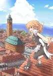  black_dress blonde_hair blue_sky braid cat clock clock_tower cloud day dress fang hair_ribbon kaenbyou_rin kaenbyou_rin_(cat) kirisame_marisa lockheart majo_no_takkyuubin multiple_tails no_hat no_headwear ocean open_mouth outstretched_arms ribbon rooftop sky smile solo tail touhou tower town water 