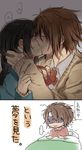  1girl :3 bad_id bad_pixiv_id black_hair blush brown_hair closed_eyes couple hakuouki_shinsengumi_kitan hetero kiss messy_hair okita_souji_(hakuouki) peke414 school_uniform short_hair translation_request yukimura_chizuru 