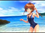  beach brown_hair cameltoe cardcaptor_sakura day flat_chest green_eyes kinomoto_sakura mutsuki_(moonknives) ocean one-piece_swimsuit outdoors ribbon scenery school_swimsuit shiny shiny_clothes short_hair skindentation solo swimsuit tail water wrist_ribbon 