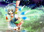  bad_id bad_pixiv_id bag blue_dress blue_eyes blue_hair bow cirno dress flag food hair_bow ice_cream ichitaro open_mouth reflection short_hair shoulder_bag smile solo touhou translated wings 