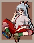  bespectacled fujiwara_no_mokou glasses hair_ribbon ifuji_sakura long_hair pants red_eyes ribbon shoes silver_hair sleeves_rolled_up sneakers solo suspenders touhou very_long_hair 