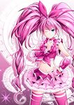  bad_id bad_pixiv_id blue_eyes bow choker cure_melody hamuhamu hand_on_hip houjou_hibiki long_hair magical_girl midriff musical_note navel one_eye_closed panties panty_pull pink pink_background pink_bow pink_choker pink_hair pink_legwear precure skirt solo staff_(music) suite_precure thighhighs twintails underwear 