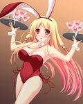  animal_ears blonde_hair breasts bunny_ears bunnysuit cleavage detached_collar fishnet_pantyhose fishnets large_breasts long_hair original pantyhose red_eyes solo tray umitsubame wrist_cuffs 