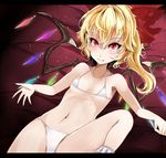  bad_id bad_pixiv_id bikini blonde_hair blush bow fang flandre_scarlet flat_chest hair_bow letterboxed lying micro_bikini navel on_back red_eyes side_ponytail smile solo swimsuit takaharu touhou wings 