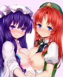  beret between_breasts blue_eyes blush bow braid breast_press breasts hair_bow hat holding_hands hong_meiling interlocked_fingers interstellar large_breasts long_hair multiple_girls necktie nipples no_bra open_clothes patchouli_knowledge puffy_nipples purple_eyes purple_hair red_hair smile star symmetrical_docking touhou twin_braids upper_body very_long_hair 